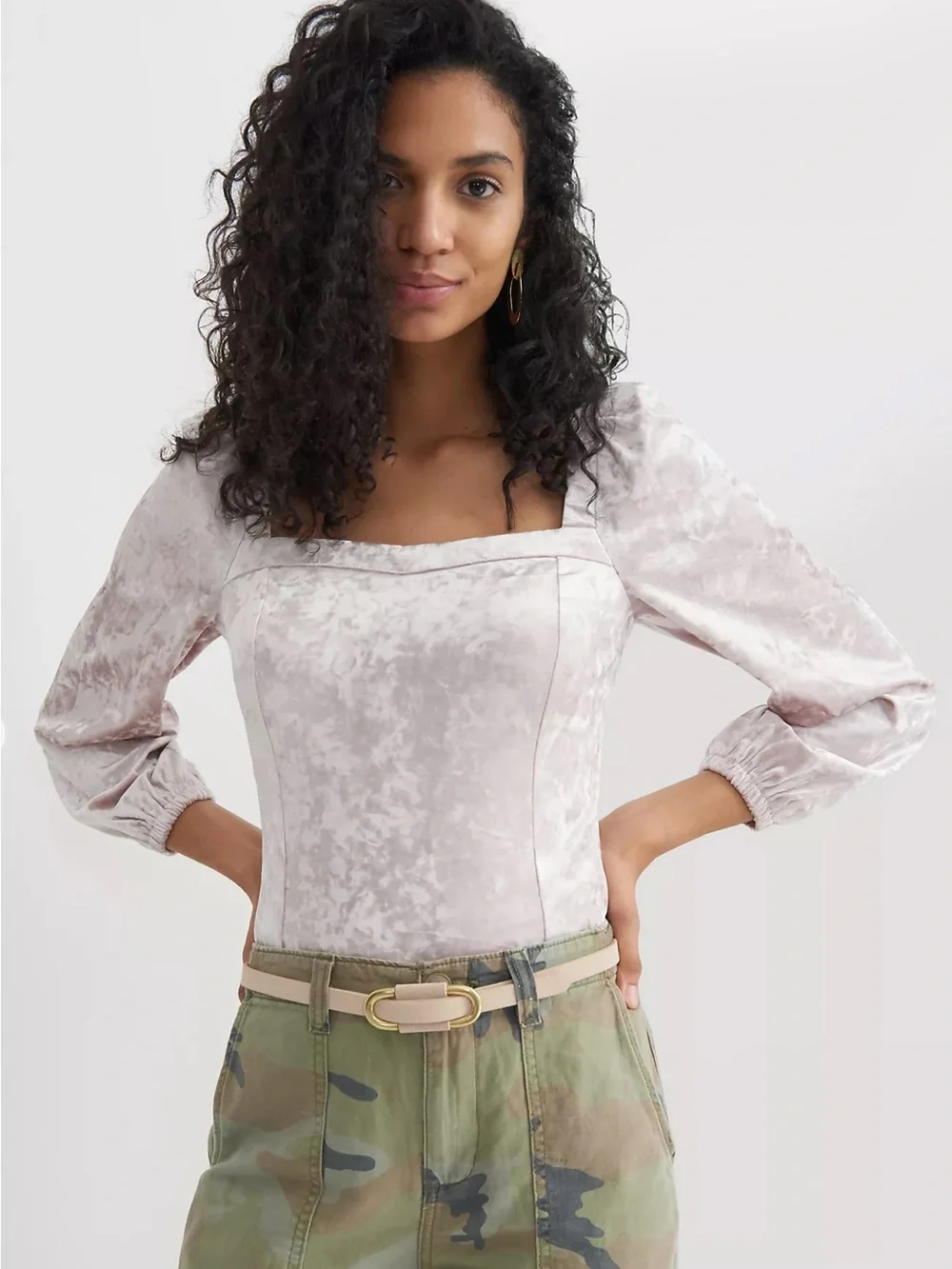 Anthropologie Jessima Neutral Blush Velvet Square Neck Puff Sleeve Top L